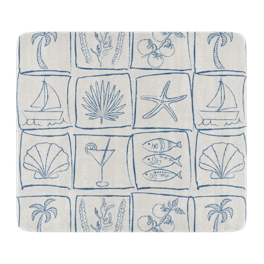 Coastal Mediterranean Faux Tile Linen Cobalt カッティングボード (正面)