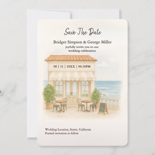 coastal mediterranean ocean wedding save the date  招待状 (正面)