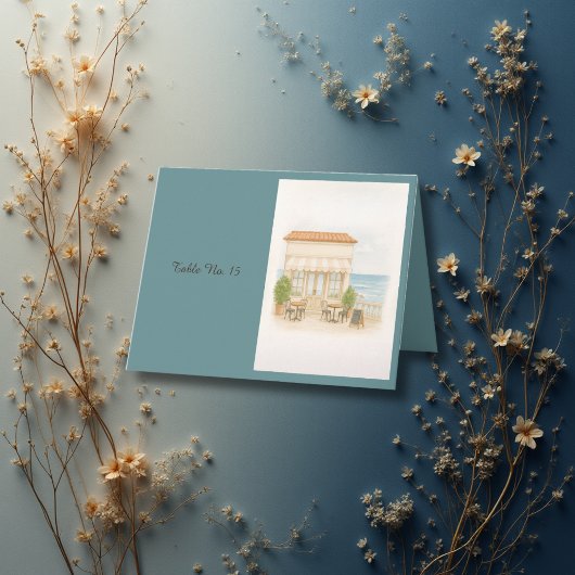 coastal mediterranean ocean wedding table numbers サンキューカード