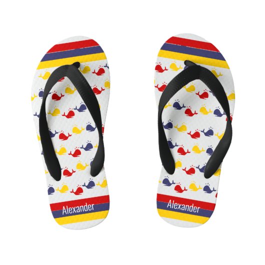  Coastal Nautical Navy BLUE RED YELLOW WHALE    キッズビーチサンダル (フットベッド)