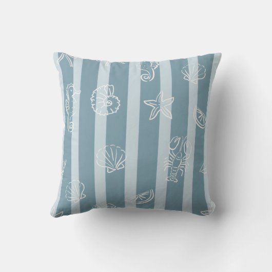 Coastal Nautical Pattern | Blue Sea Shell & Seahor クッション (裏面)