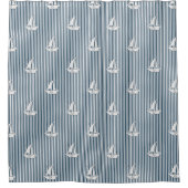 Coastal Nautical Sailboats on Blue Stripes シャワーカーテン (正面)
