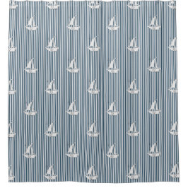 Coastal Nautical Sailboats on Blue Stripes シャワーカーテン