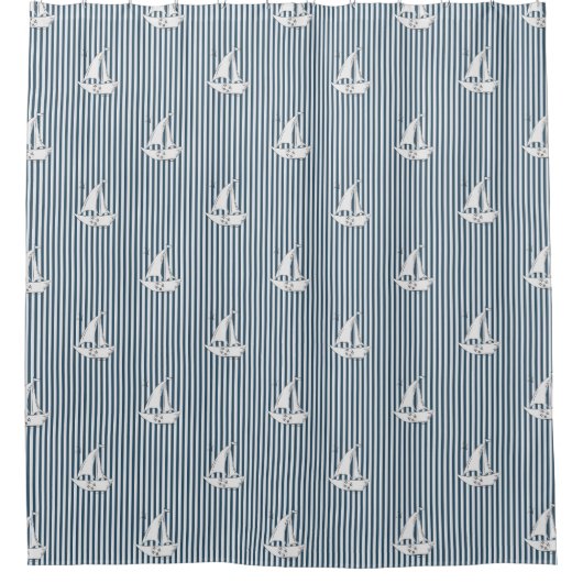 Coastal Nautical Sailboats on Blue Stripes シャワーカーテン (正面)