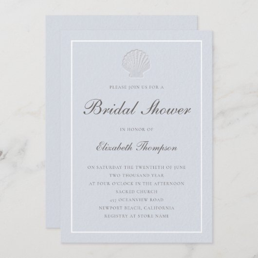 Coastal Nautical Shell Blue White Bridal Shower 招待状 (正面/裏面)