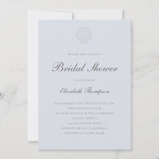 Coastal Nautical Shell Formal Blue Bridal Shower 招待状 (正面)