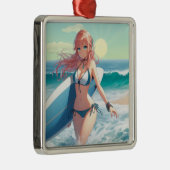 Coastal/Nautical/tropical anime surfer girl メタルオーナメント (右)