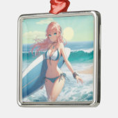 Coastal/Nautical/tropical anime surfer girl メタルオーナメント (左)