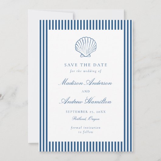 Coastal Navy Stripe Shell Wedding Save the Date (正面)