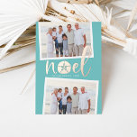 Coastal Noel | 2 Photo Christmas 箔シーズンカード<br><div class="desc">Chic coastal style holiday card adds beachy flair to your Christmas greetings. Perfect for sharing vacation photos, or for families who live in coastal, tropical, warm weather or island locales, this lighthearted design features two favorite photos on a tropical turquoise background with "noel" in rose gold foil. A sand dollar...</div>