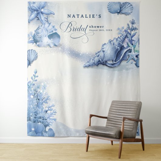 Coastal Ocean Blue Seashell Bridal Shower Welcome タペストリー (インサイチュ)