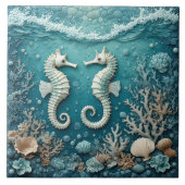 Coastal Ocean Coral Reef Sea Foam Seahorse Couple  タイル (正面)