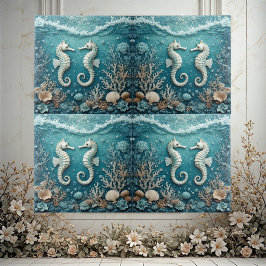 Coastal Ocean Coral Reef Sea Foam Seahorse Couple  タイル