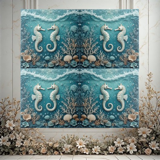 Coastal Ocean Coral Reef Sea Foam Seahorse Couple  タイル