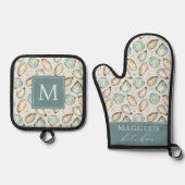 Coastal Oyster Shell Monogram 鍋つかみ&鍋敷きセット (正面)