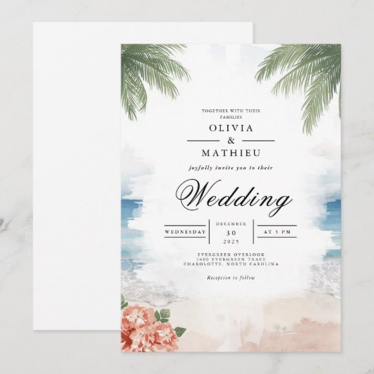 Coastal Palm Breeze Beach Wedding 招待状 (正面/裏面)