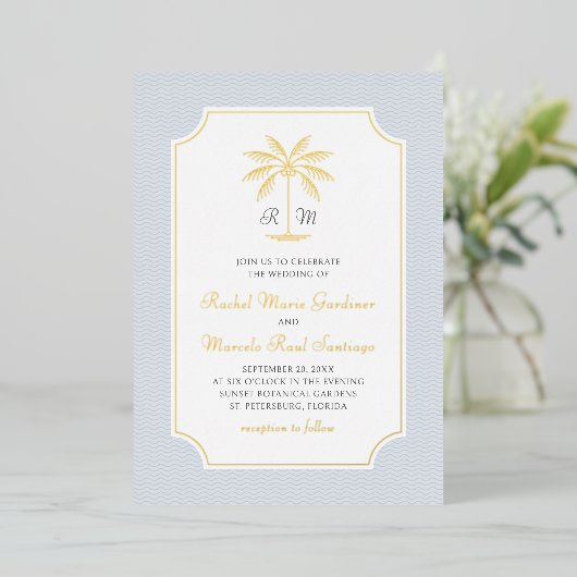 Coastal Palm Tree Minimalist Preppy Wedding 箔招待状 (立ち正面)