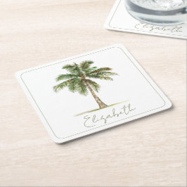 Coastal Palm Tree Personalized Party スクエアペーパーコースター