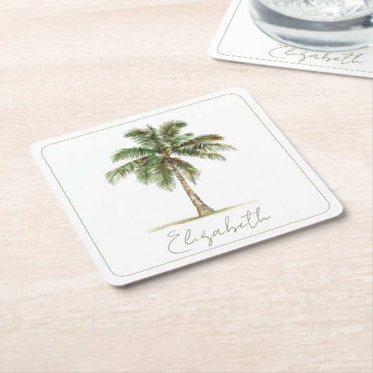 Coastal Palm Tree Personalized Party スクエアペーパーコースター (アングル)