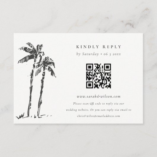 Coastal Palm Tree Sketch結婚のQRコードRSVP エンクロージャーカード (正面)