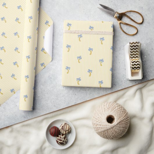 Coastal Palm Tree & Stripes Mediterranean Yellow ラッピングペーパー (クラフト)