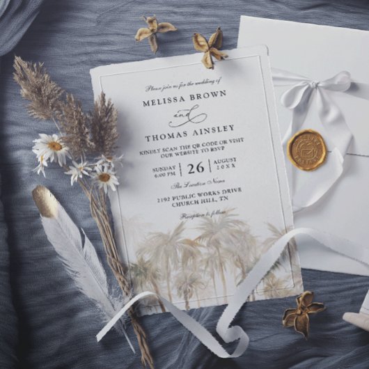 Coastal Palm Trees Beach Modern QR Code Wedding 招待状