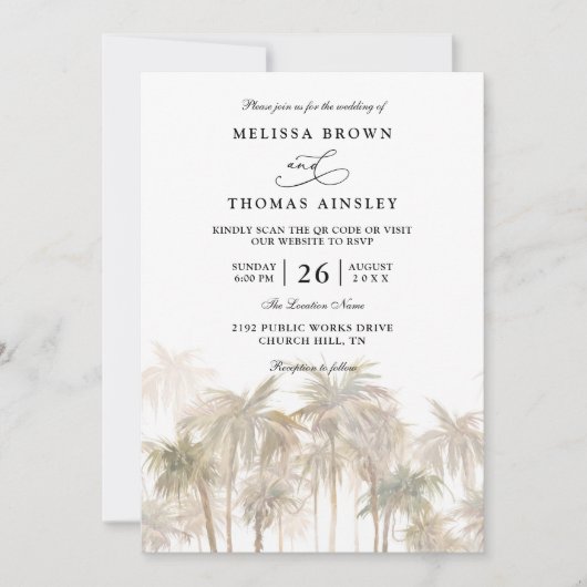 Coastal Palm Trees Beach Modern QR Code Wedding 招待状 (正面)
