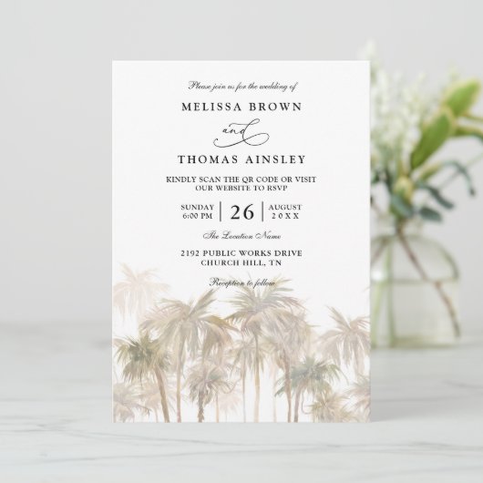 Coastal Palm Trees Beach Modern QR Code Wedding 招待状 (スタンド正面)