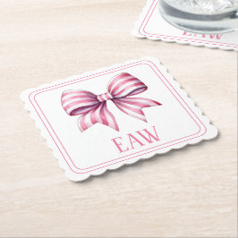 Coastal Pink and White Watercolor Bow Monogram ペーパーコースター