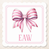 Coastal Pink and White Watercolor Bow Monogram ペーパーコースター (正面)