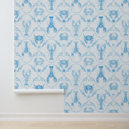 Coastal Preppy Lobster and Crabs in Light Blue 壁紙