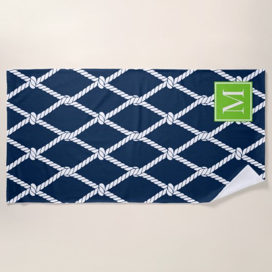 Coastal Preppy Nautical Monogram  – Navy & Lime ビーチタオル (正面)