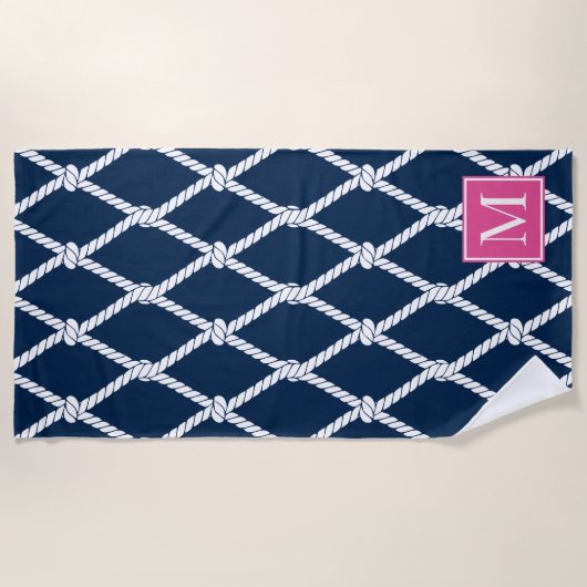 Coastal Preppy Nautical Monogram – Navy & Pink ビーチタオル (正面)