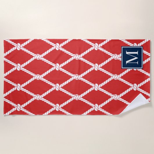 Coastal Preppy Nautical Monogram – Red & Navy ビーチタオル (正面)