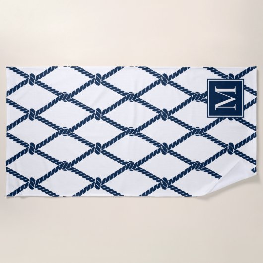 Coastal Preppy Nautical Monogram – White & Navy ビーチタオル (正面)