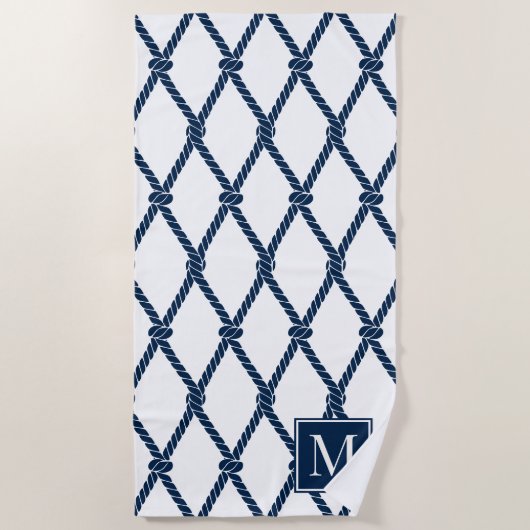 Coastal Preppy Nautical Monogram – White & Navy ビーチタオル (正面)