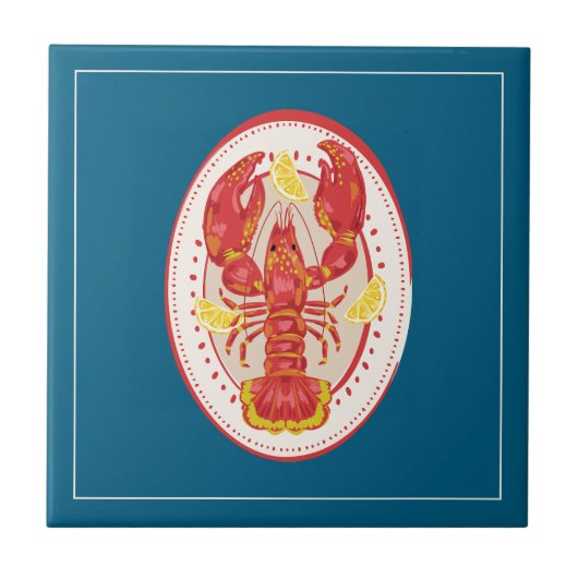 Coastal Red Lobster Lemon Pattern Ceramic Tile タイル (正面)