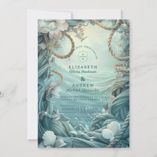 Coastal Rope Botanical Ocean Wedding 招待状 (正面)