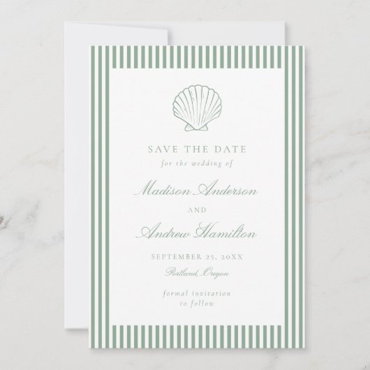 Coastal Sage Stripe Shell Wedding Save the Date (正面)