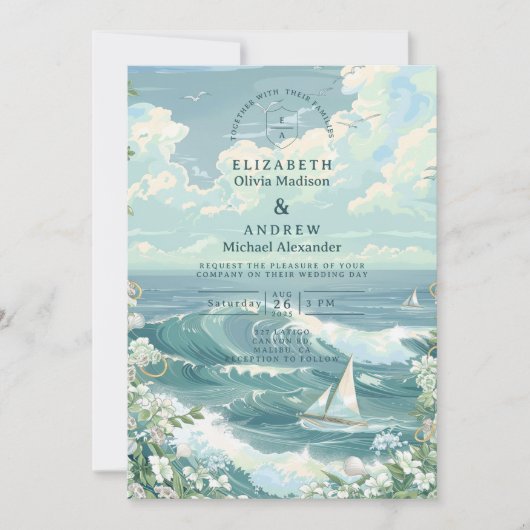 Coastal Sailboat Ocean Wedding 招待状 (正面)