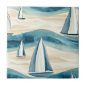 Coastal Sailboat Waves Nautical Pattern (1) タイル (正面)