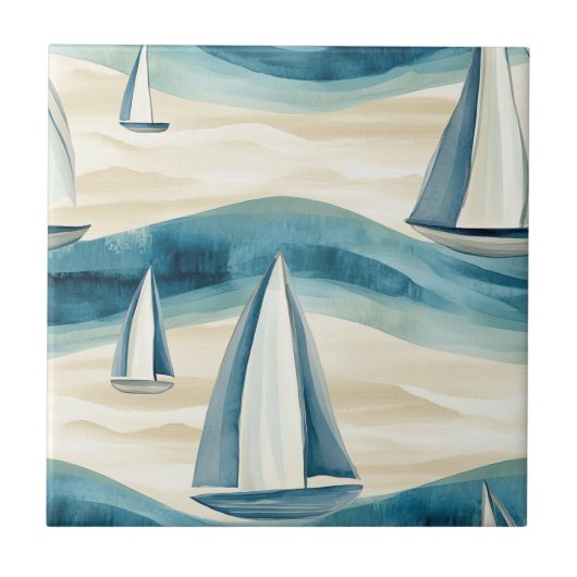 Coastal Sailboat Waves Nautical Pattern (1) タイル (正面)