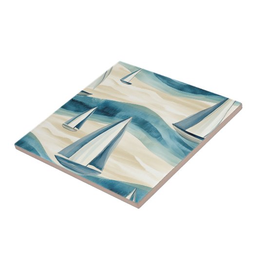 Coastal Sailboat Waves Nautical Pattern (1) タイル (側面)