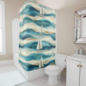 Coastal Sailboat Waves Nautical Pattern (2) シャワーカーテン (インサイチュ)