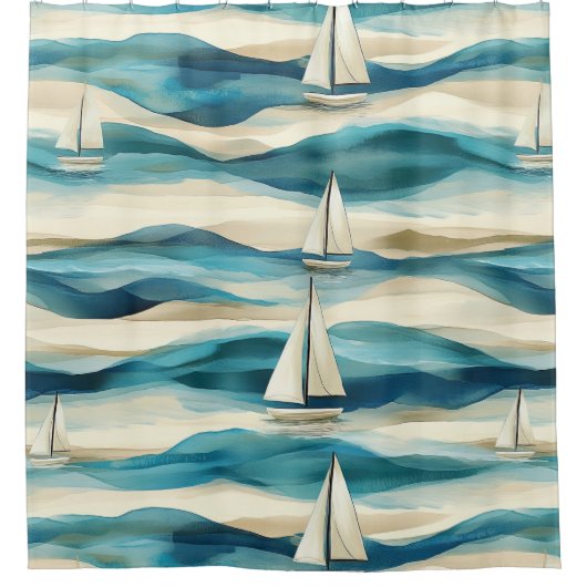 Coastal Sailboat Waves Nautical Pattern (2) シャワーカーテン (正面)