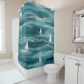Coastal Sailboat Waves Nautical Pattern (3) シャワーカーテン (インサイチュ)
