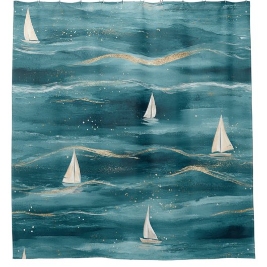 Coastal Sailboat Waves Nautical Pattern (3) シャワーカーテン (正面)
