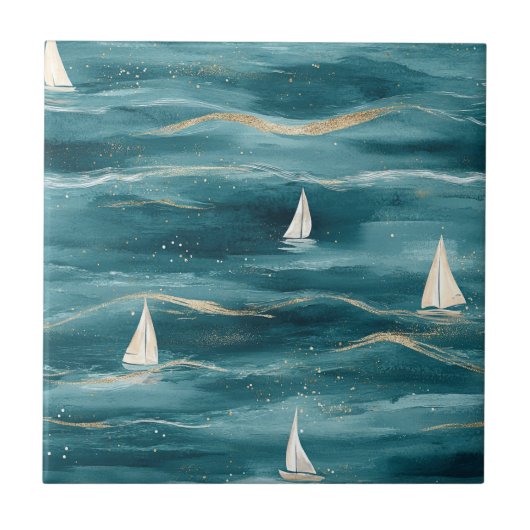 Coastal Sailboat Waves Nautical Pattern (3) タイル (正面)