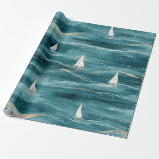Coastal Sailboat Waves Nautical Pattern (3) ラッピングペーパー (アンロールド)