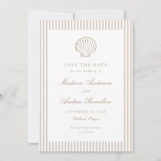 Coastal Sand Stripe Shell Wedding Save the Date (正面)
